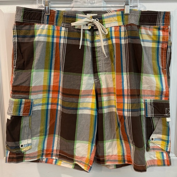 Old Navy Mens XL Swim Board Shorts Mesh Lined Orange Plaid Cargo Pocket Swimsuit - Picture 1 of 10